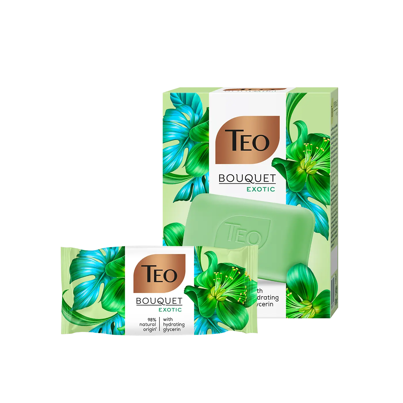 Teo Bouquet Exotic soap bar and boxed soap with vibrant teal and green botanical illustrations.