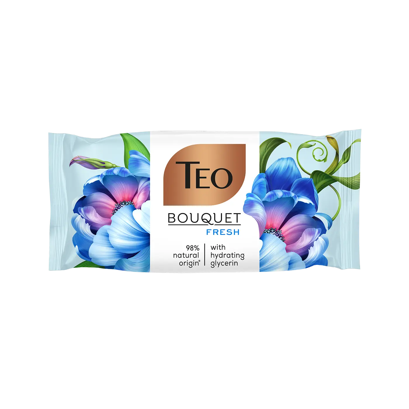 Wrapped bar of Teo Bouquet Fresh soap with blue floral illustrations.