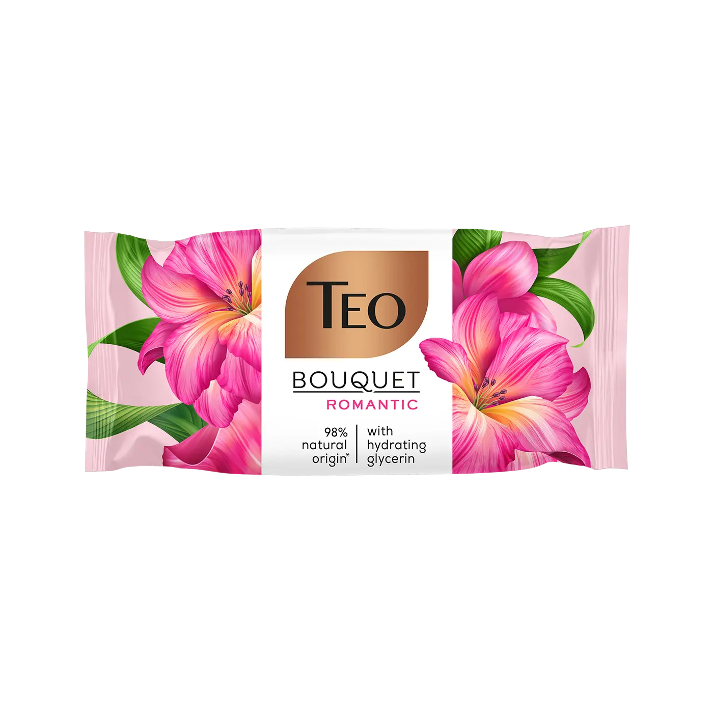 Wrapped bar of Teo Bouquet Romantic soap with pink floral illustrations.