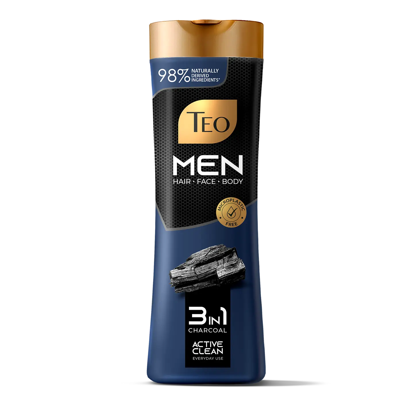 Single bottle of Teo Men 3in1 Charcoal Active Clean Hair, Face & Body wash.