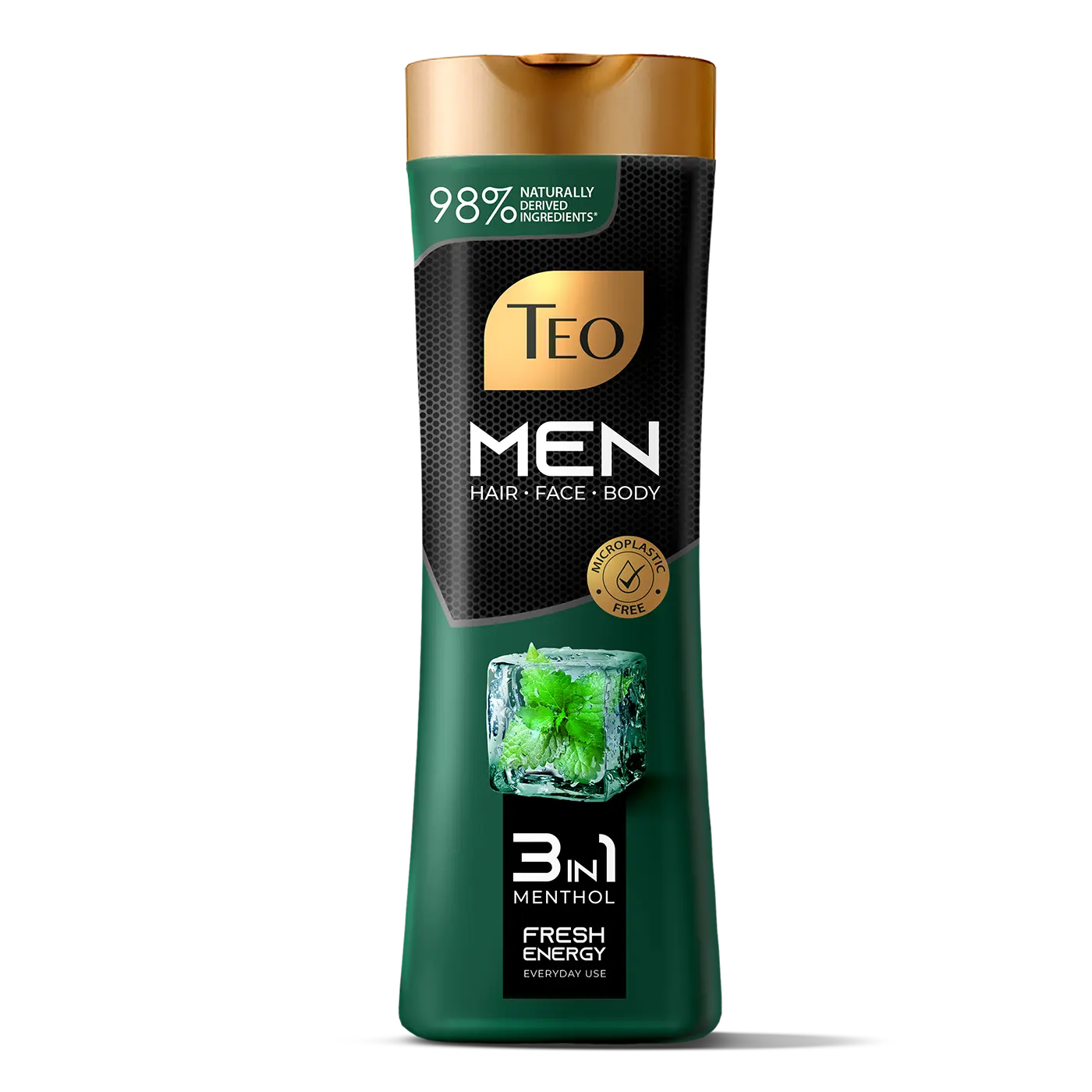 Single bottle of Teo Men 3in1 Menthol Fresh Energy Hair, Face & Body wash.
