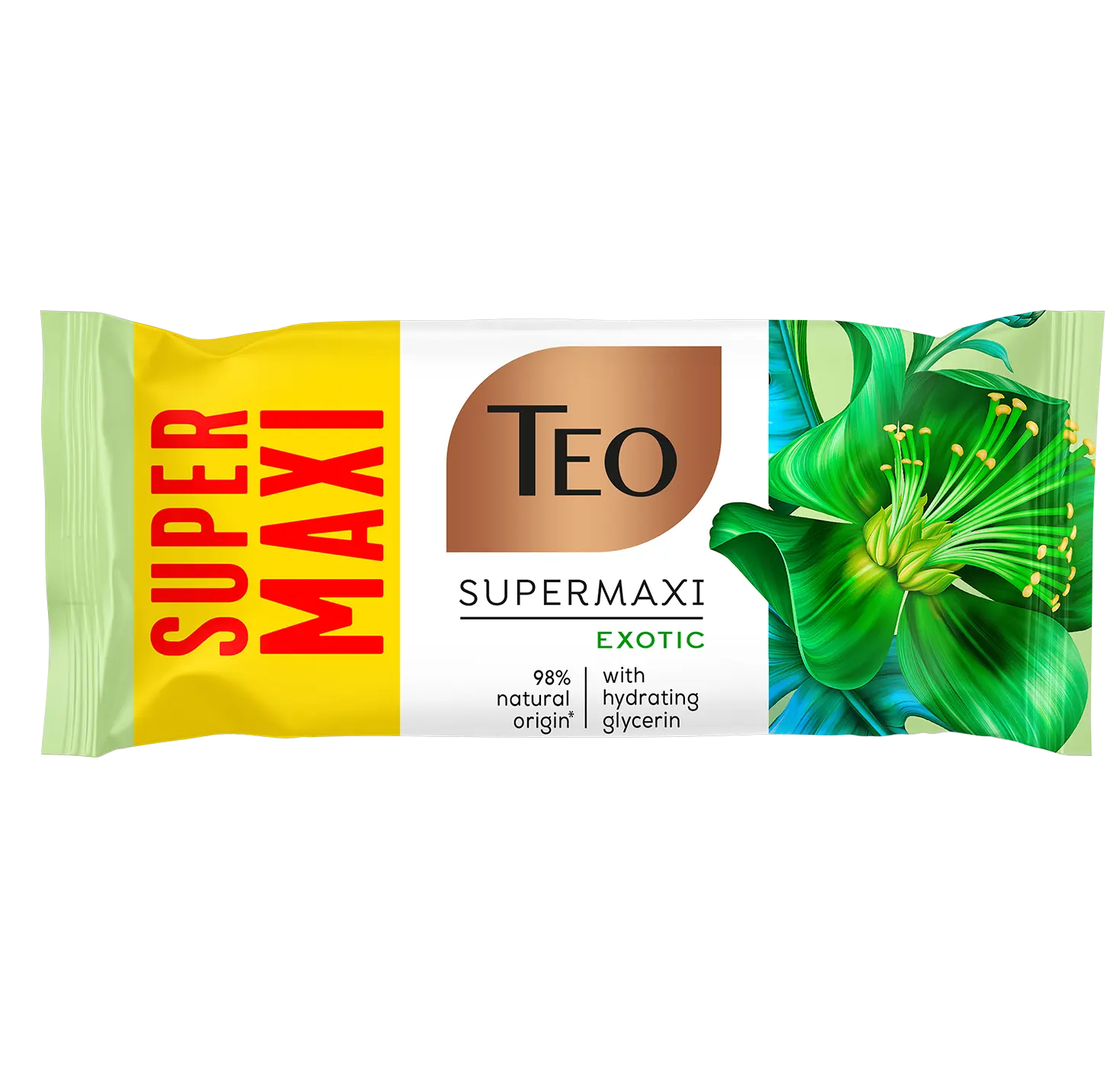 Wrapped bar of Teo Super Maxi Exotic soap with teal and green botanical illustrations.