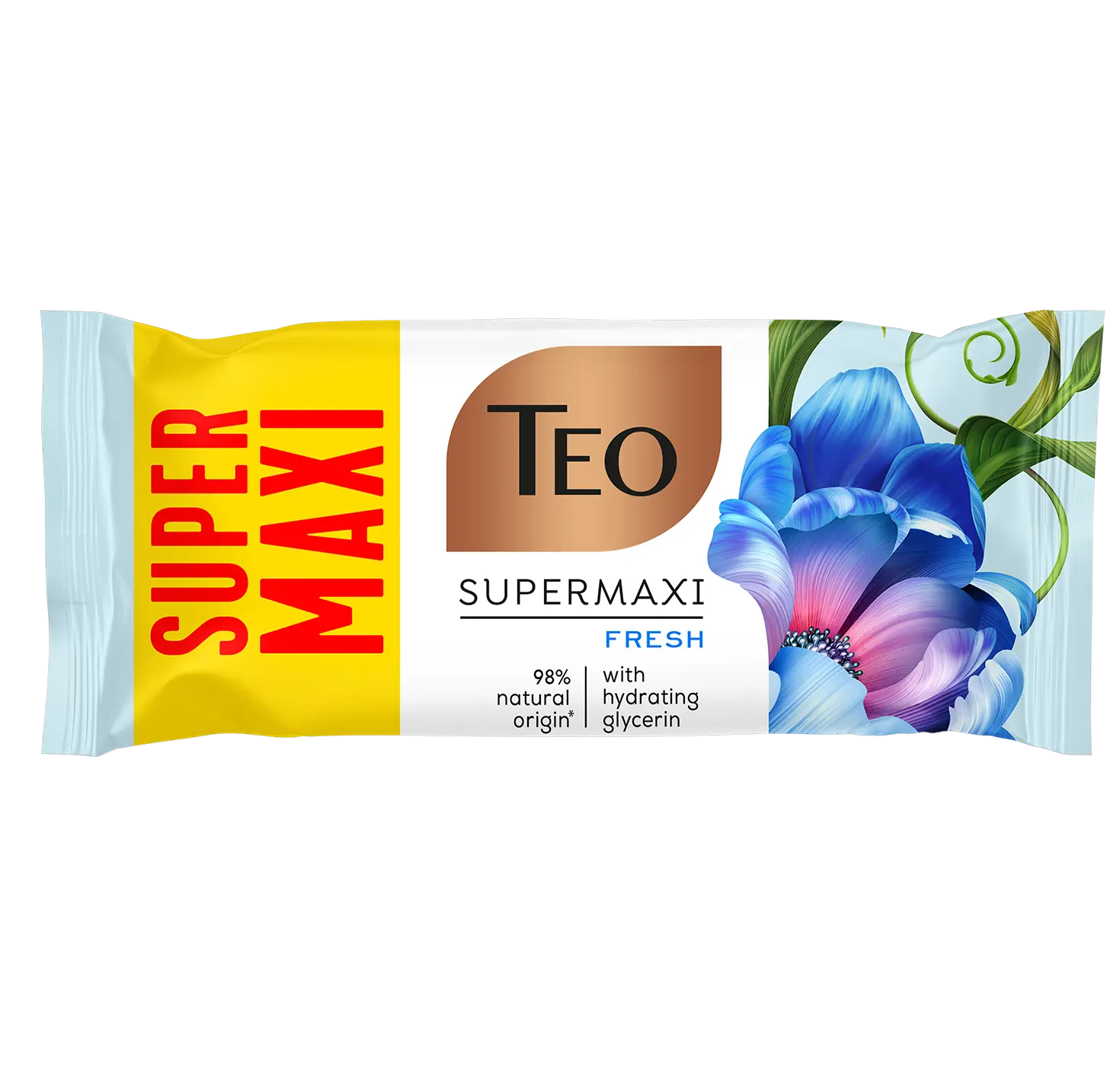 Wrapped bar of Teo Super Maxi Fresh soap with blue and purple floral illustrations.