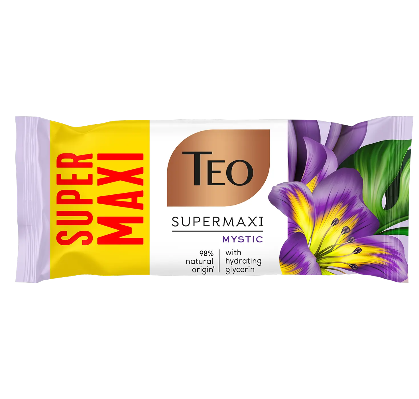 Wrapped bar of Teo Super Maxi Mystic soap with purple and yellow floral illustrations.