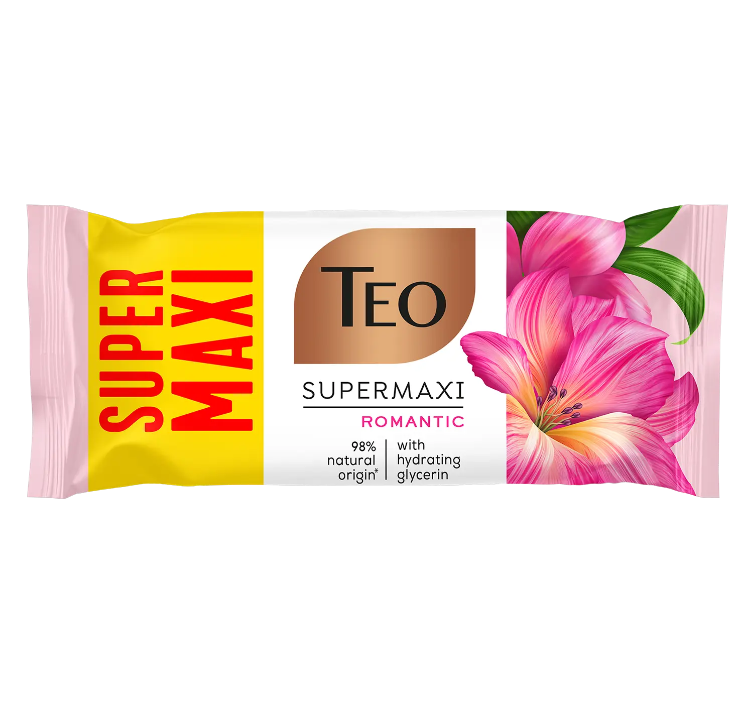 Wrapped bar of Teo Super Maxi Romantic soap with pink floral illustrations.