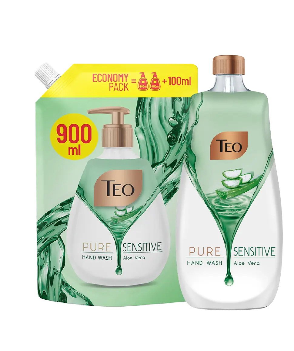 Teo Pure Sensitive Hand Wash with Aloe Vera refill pouch and two bottles.