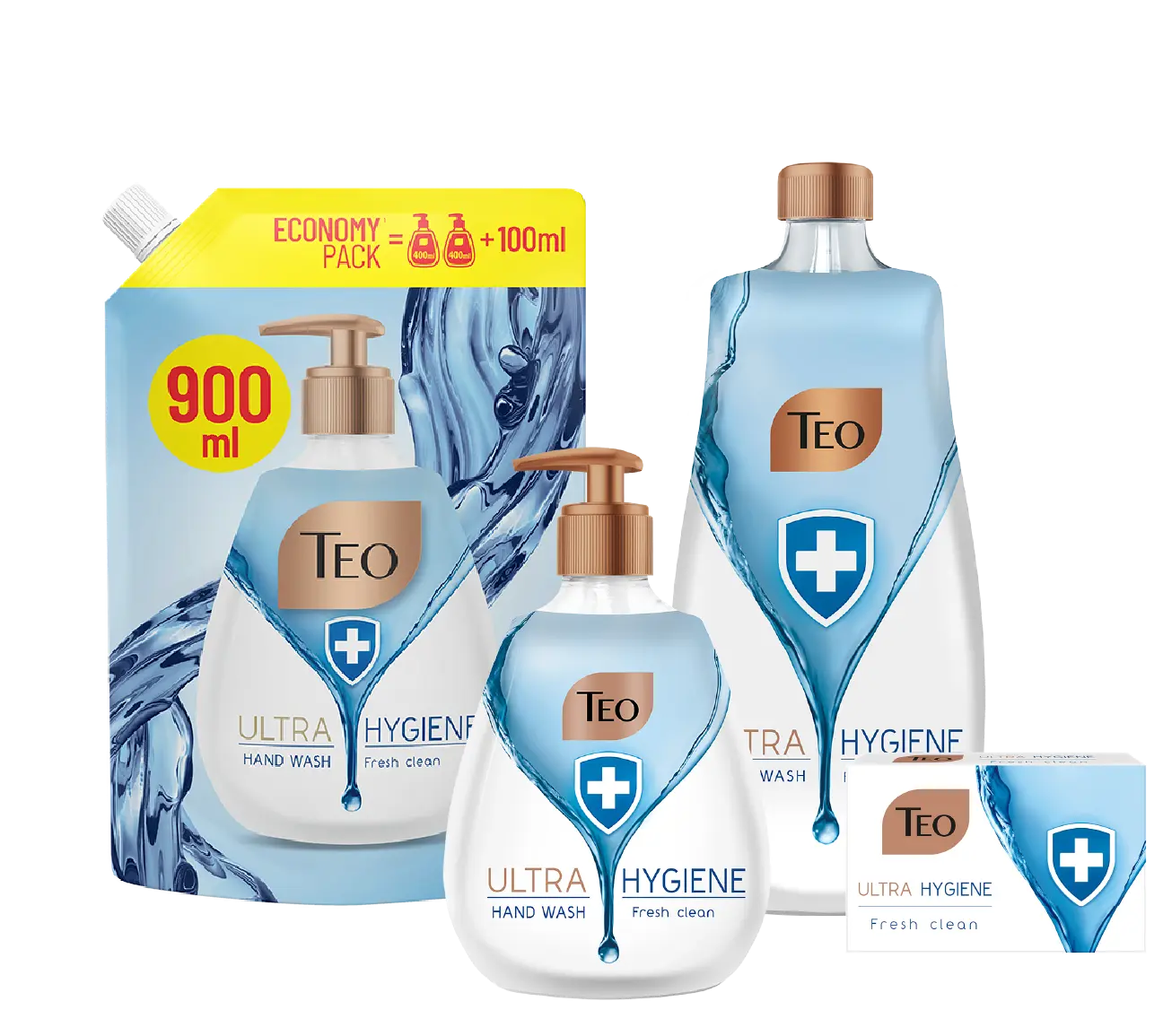 Teo Ultra Hygiene Hand Wash refill pouch, two bottles, and soap bar.