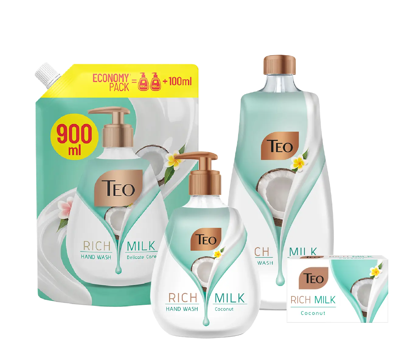 Teo Rich Milk Coconut Hand Wash refill pouch, two bottles, and soap bar.