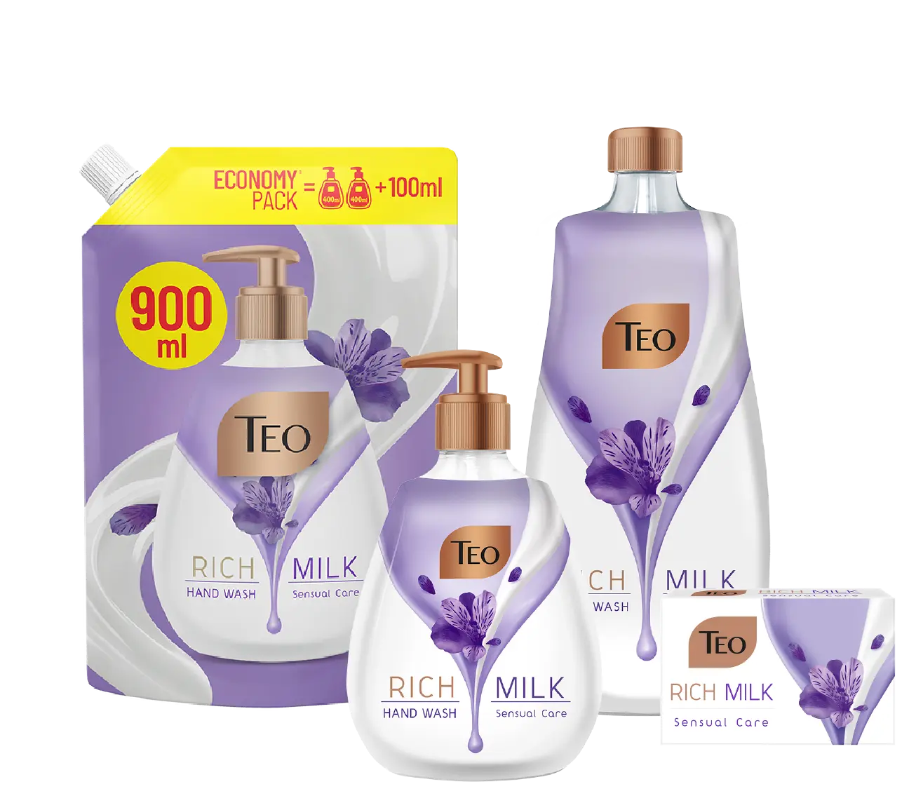 Teo Rich Milk Sensual Care refill pouch, two bottles, and soap bar.