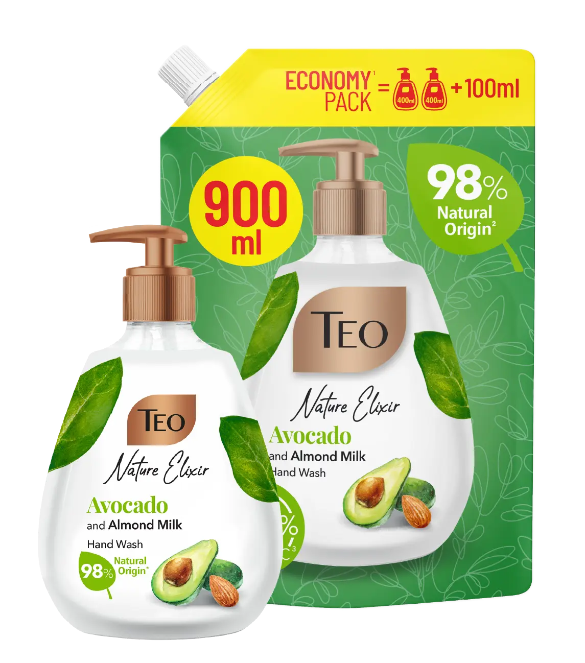 Teo Nature Elixir Avocado and Almond Milk Hand Wash refill pouch and pump bottle.