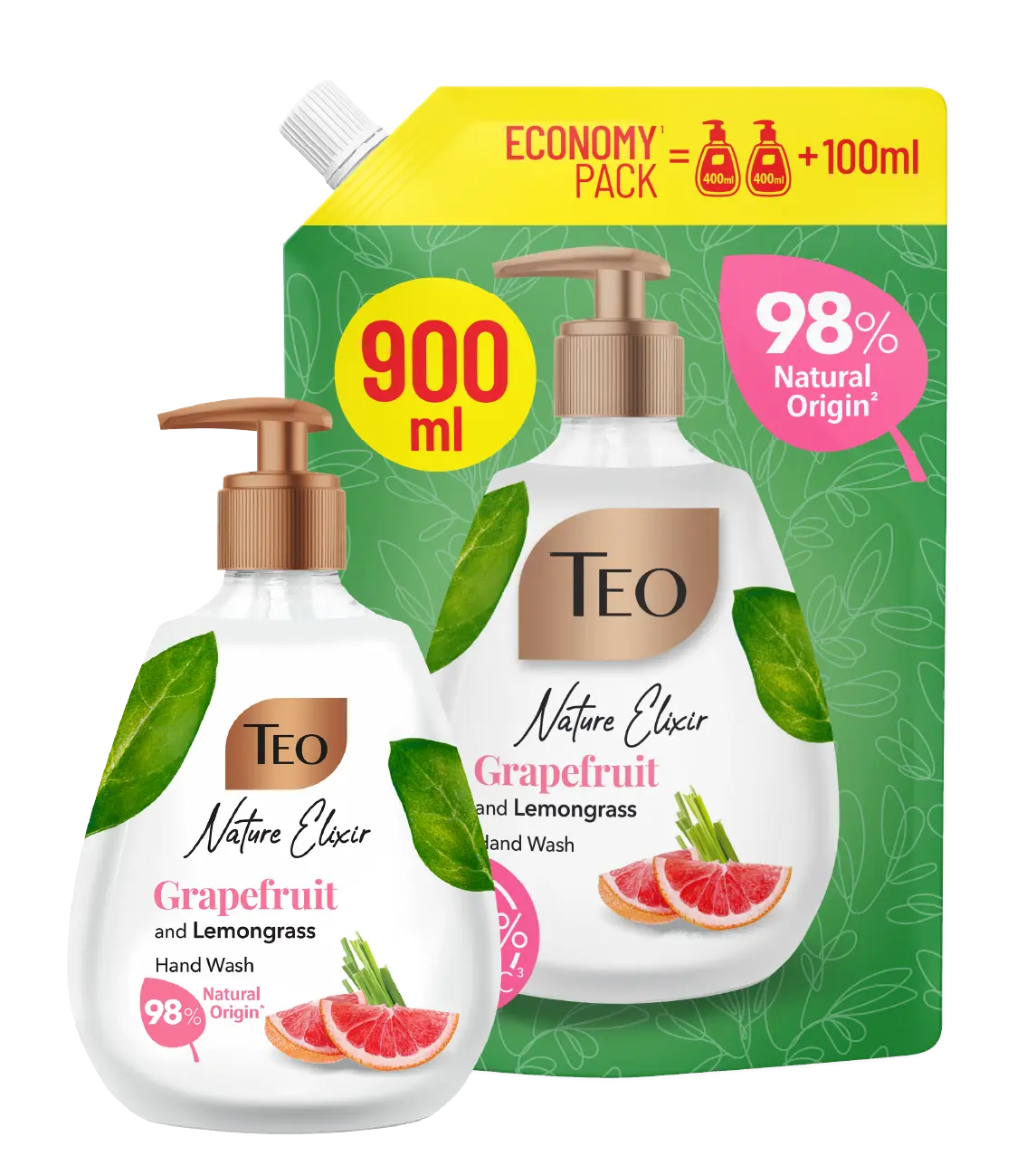Teo Nature Elixir Grapefruit and Lemongrass Hand Wash refill pouch and pump bottle.