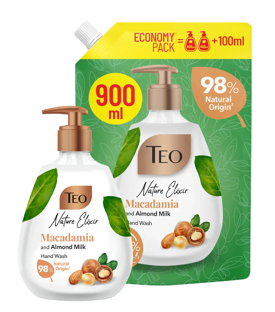 Teo Nature Elixir Macadamia and Almond Milk Hand Wash refill pouch and pump bottle.