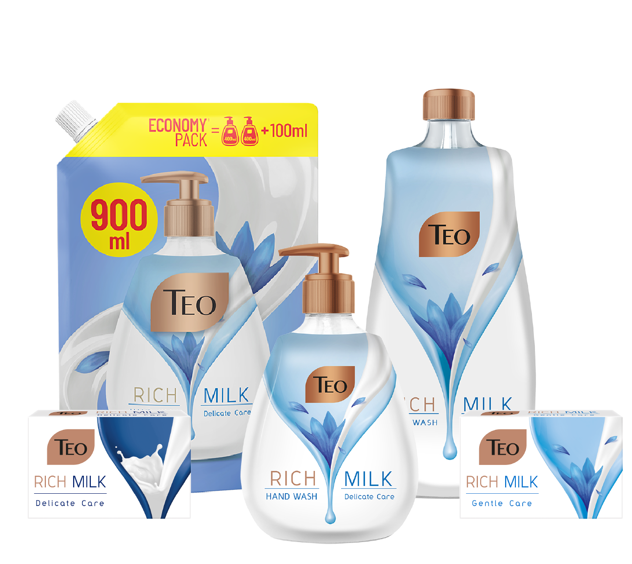 Teo Rich Milk Delicate Care and Gentle Care refill pouch, two bottles, and two soap bars.